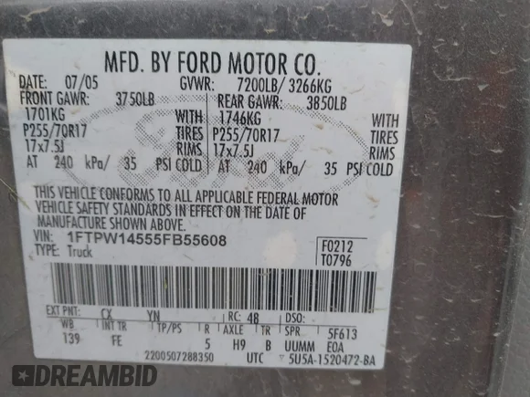 ✅ 2005 Ford F-150 XLT • VIN: 1FTPW14555FB55608 • Lot: 45294278. Wystawiony na IAAI z przebiegiem Nie podano. Bezpłatny archiwum sprzedaży aukcyjnych z USA i szczegółowy raport historii pojazdu na DreamBid. Zdjęcie 9.
