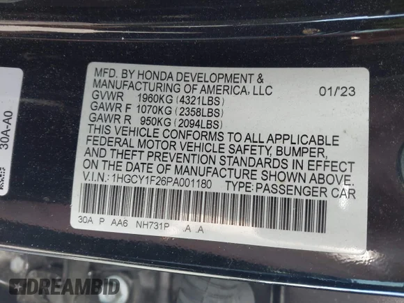 ✅ 2023 Honda Accord LX • VIN: 1HGCY1F26PA001180 • Lot: 45086619. Wystawiony na IAAI z przebiegiem 47 260 mil. Bezpłatny archiwum sprzedaży aukcyjnych z USA i szczegółowy raport historii pojazdu na DreamBid. Zdjęcie 9.