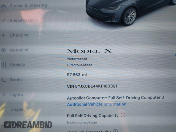 ✅ 2019 Tesla Model X P100D • VIN: 5YJXCBE44KF180391 • Lot: 41690866. Wystawiony na IAAI z przebiegiem 57 863 mil. Bezpłatny archiwum sprzedaży aukcyjnych z USA i szczegółowy raport historii pojazdu na DreamBid. Zdjęcie 7.