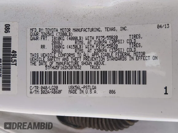 ✅ 2013 Toyota Tundra Platinum • VIN: 5TFHW5F16DX307832 • Lot: 45161824. Wystawiony na IAAI z przebiegiem 170 087 mil. Bezpłatny archiwum sprzedaży aukcyjnych z USA i szczegółowy raport historii pojazdu na DreamBid. Zdjęcie 9.