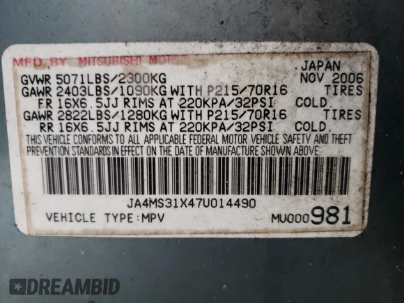 ✅ 2007 Mitsubishi Outlander ES • VIN: JA4MS31X47U014490 • Lot: 71100803. Listed on Copart with 169,344 mi. Free auction sales archive from the USA and detailed vehicle history report at DreamBid. Image 13.