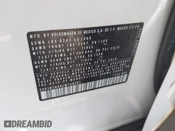 ✅ 2020 Volkswagen Tiguan S • VIN: 3VV1B7AX8LM148287 • Lot: 44992584. Wystawiony na IAAI z przebiegiem 68 674 mil. Bezpłatny archiwum sprzedaży aukcyjnych z USA i szczegółowy raport historii pojazdu na DreamBid. Zdjęcie 9.