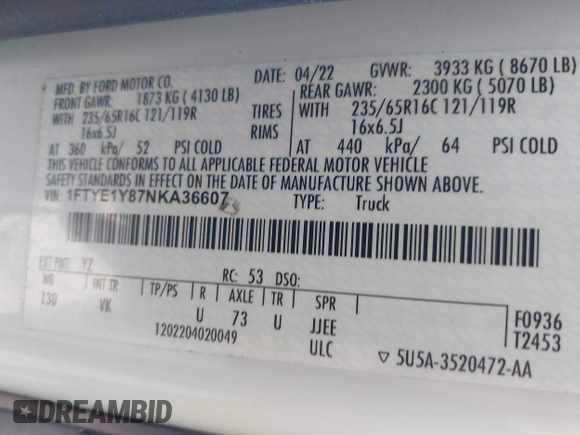 ✅ 2022 Ford Transit Cargo • VIN: 1FTYE1Y87NKA36607 • Лот: 44280902. Опубліковано раніше на IAAI з пробігом 90 135 миль. Безкоштовний доступ до архіву аукціонних продажів зі США та докладний звіт про історію автомобіля на DreamBid. Зображення 9.