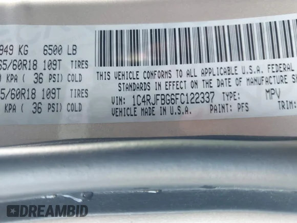 ✅ 2015 Jeep Grand Cherokee Limited • VIN: 1C4RJFBG6FC122337 • Lot: 43923568. Listed on IAAI with 55,374 mi. Free auction sales archive from the USA and detailed vehicle history report at DreamBid. Image 9.