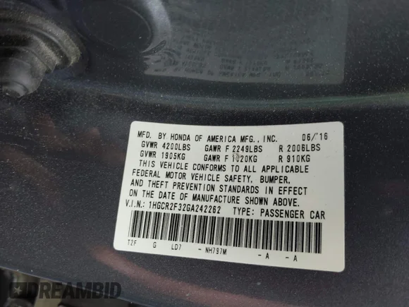✅ 2016 Honda Accord LX • VIN: 1HGCR2F32GA242262 • Lot: 45352953. Wystawiony na IAAI z przebiegiem 106 926 mil. Bezpłatny archiwum sprzedaży aukcyjnych z USA i szczegółowy raport historii pojazdu na DreamBid. Zdjęcie 9.