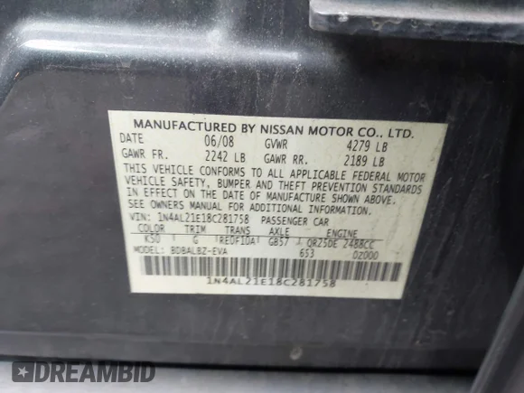 ✅ 2008 Nissan Altima SL • VIN: 1N4AL21E18C281758 • Lot: 44013854. Wystawiony na IAAI z przebiegiem 154 623 mil. Bezpłatny archiwum sprzedaży aukcyjnych z USA i szczegółowy raport historii pojazdu na DreamBid. Zdjęcie 9.