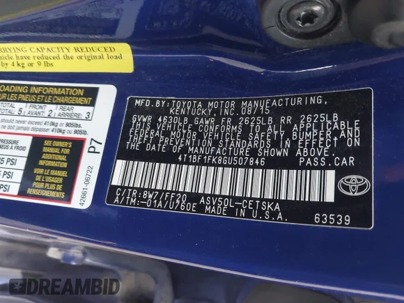 ✅ 2016 Toyota Camry SE • VIN: 4T1BF1FK8GU507846 • Lot: 45226564. Listed on IAAI with 125,611 mi. Free auction sales archive from the USA and detailed vehicle history report at DreamBid. Image 9.