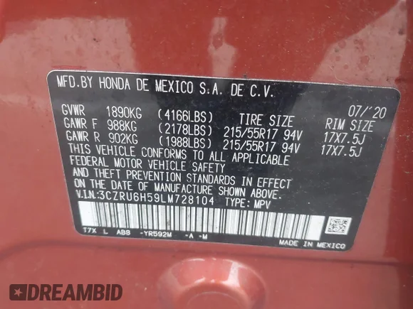 ✅ 2020 Honda HR-V EX • VIN: 3CZRU6H59LM728104 • Lot: 43738781. Wystawiony na IAAI z przebiegiem 57 756 mil. Bezpłatny archiwum sprzedaży aukcyjnych z USA i szczegółowy raport historii pojazdu na DreamBid. Zdjęcie 9.