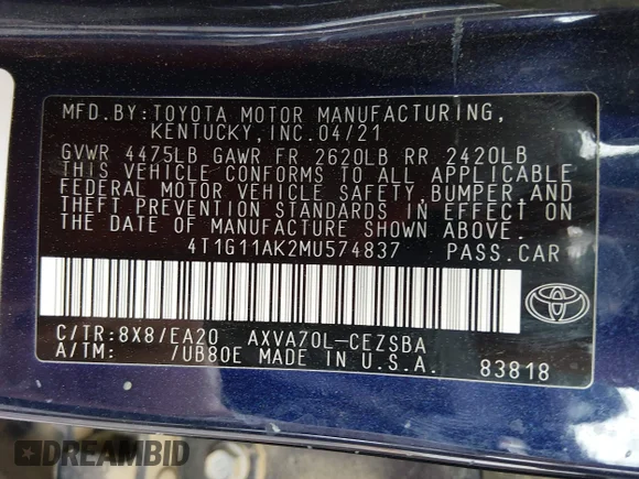✅ 2021 Toyota Camry SE • VIN: 4T1G11AK2MU574837 • Lot: 44544238. Wystawiony na IAAI z przebiegiem Nie podano. Bezpłatny archiwum sprzedaży aukcyjnych z USA i szczegółowy raport historii pojazdu na DreamBid. Zdjęcie 9.