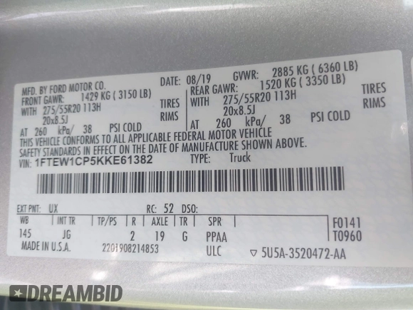 ✅ 2019 Ford F-150 XLT • VIN: 1FTEW1CP5KKE61382 • Lot: 44779137. Wystawiony na IAAI z przebiegiem 132 829 mil. Bezpłatny archiwum sprzedaży aukcyjnych z USA i szczegółowy raport historii pojazdu na DreamBid. Zdjęcie 9.