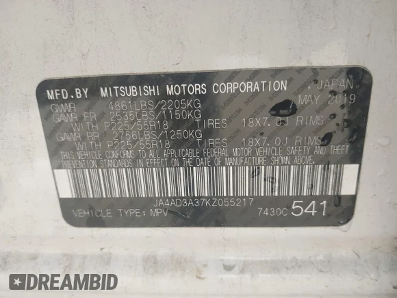 ✅ 2019 Mitsubishi Outlander SE • VIN: JA4AD3A37KZ055217 • Lot: 44697398. Wystawiony na IAAI z przebiegiem 111 932 mil. Bezpłatny archiwum sprzedaży aukcyjnych z USA i szczegółowy raport historii pojazdu na DreamBid. Zdjęcie 9.