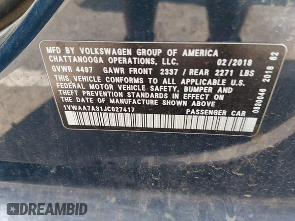 ✅ 2018 Volkswagen Passat S • VIN: 1VWAA7A31JC027417 • Lot: 44827115. Wystawiony na IAAI z przebiegiem 134 001 mil. Bezpłatny archiwum sprzedaży aukcyjnych z USA i szczegółowy raport historii pojazdu na DreamBid. Zdjęcie 9.