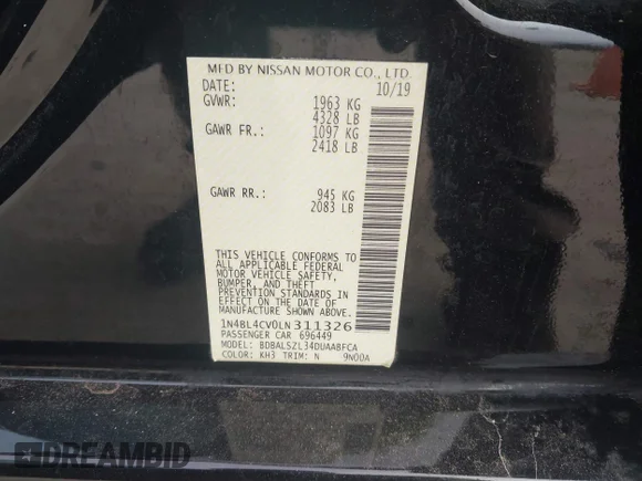 ✅ 2020 Nissan Altima SR • VIN: 1N4BL4CV0LN311326 • Lot: 43789194. Wystawiony na IAAI z przebiegiem 140 978 mil. Bezpłatny archiwum sprzedaży aukcyjnych z USA i szczegółowy raport historii pojazdu na DreamBid. Zdjęcie 9.