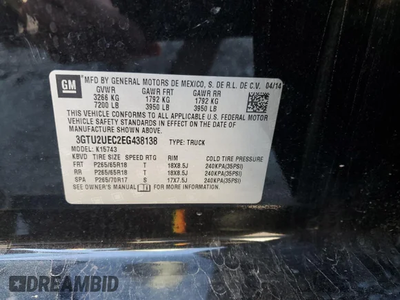 ✅ 2014 GMC Sierra 1500 SLE • VIN: 3GTU2UEC2EG438138 • Lot: 87310445. Listed on Copart with 287,687 mi. Free auction sales archive from the USA and detailed vehicle history report at DreamBid. Image 12.