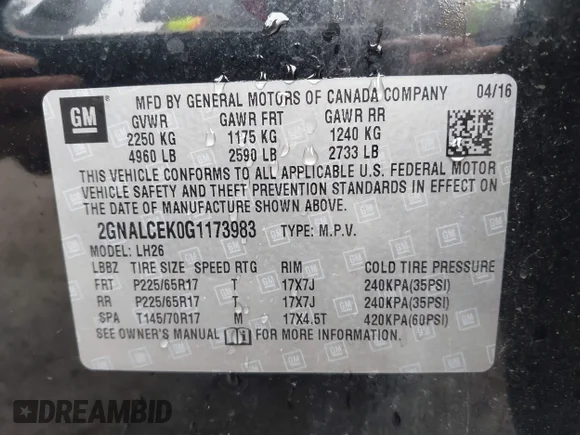 ✅ 2016 Chevrolet Equinox LT • VIN: 2GNALCEK0G1173983 • Lot: 44533110. Listed on IAAI with 90,383 mi. Free auction sales archive from the USA and detailed vehicle history report at DreamBid. Image 9.