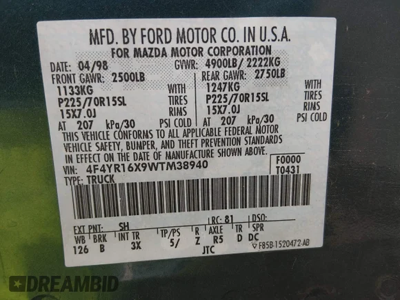 ✅ 1998 Mazda B-Series SE • VIN: 4F4YR16X9WTM38940 • Lot: 44808244. Listed on IAAI with 106,152 mi. Free auction sales archive from the USA and detailed vehicle history report at DreamBid. Image 9.