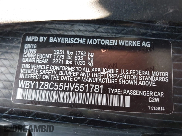 ✅ 2017 BMW i3 • VIN: WBY1Z8C55HV551781 • Lot: 42922923. Wystawiony na IAAI z przebiegiem 63 567 mil. Bezpłatny archiwum sprzedaży aukcyjnych z USA i szczegółowy raport historii pojazdu na DreamBid. Zdjęcie 9.