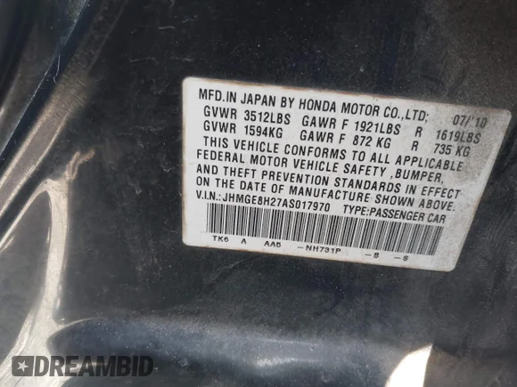 ✅ 2010 Honda Fit • VIN: JHMGE8H27AS017970 • Lot: 44415496. Listed on IAAI with 193,732 mi. Free auction sales archive from the USA and detailed vehicle history report at DreamBid. Image 9.
