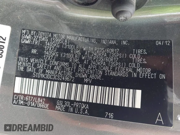 ✅ 2012 Toyota Sienna XLE • VIN: 5TDYK3DC3CS249672 • Лот: 45530567. Опубликован ранее на IAAI с пробегом 271 649 миль. Бесплатный доступ к архиву аукционных продаж из США и подробный отчёт об истории автомобиля на DreamBid. Изображение 9.