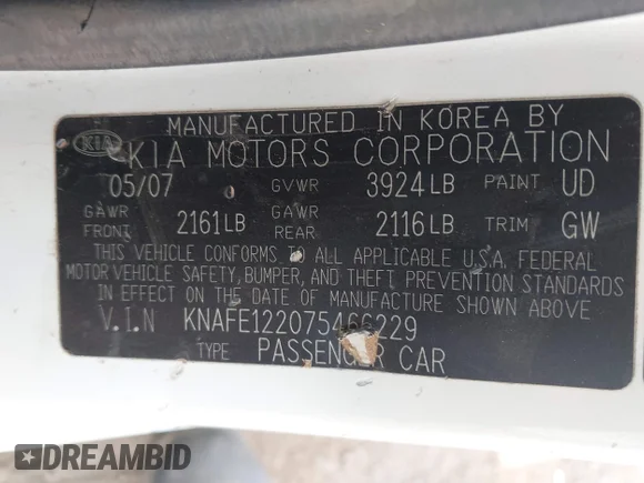 ✅ 2007 Kia Spectra SX • VIN: KNAFE122075466229 • Лот: 41537103. Опубликован ранее на IAAI с пробегом 202 270 миль. Бесплатный доступ к архиву аукционных продаж из США и подробный отчёт об истории автомобиля на DreamBid. Изображение 9.