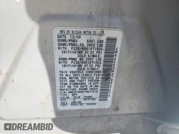 ✅ 2007 Nissan Murano SL • VIN: JN8AZ08W47W627816 • Лот: 43931424. Опубликован ранее на IAAI с пробегом 140 170 миль. Бесплатный доступ к архиву аукционных продаж из США и подробный отчёт об истории автомобиля на DreamBid. Изображение 9.