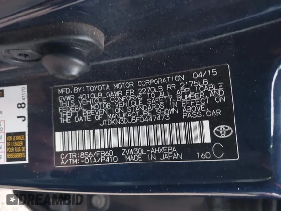 ✅ 2015 Toyota Prius Three • VIN: JTDKN3DU5F0447473 • Lot: 44354821. Listed on IAAI with 121,567 mi. Free auction sales archive from the USA and detailed vehicle history report at DreamBid. Image 9.