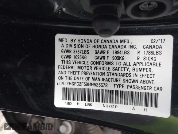 ✅ 2017 Honda Civic LX • VIN: 2HGFC2F59HH525678 • Lot: 44380431. Wystawiony na IAAI z przebiegiem 58 039 mil. Bezpłatny archiwum sprzedaży aukcyjnych z USA i szczegółowy raport historii pojazdu na DreamBid. Zdjęcie 9.