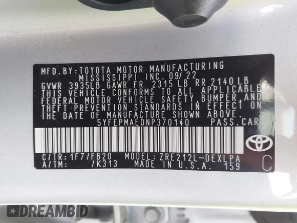 ✅ 2022 Toyota Corolla LE • VIN: 5YFEPMAE0NP370140 • Lot: 43424135. Wystawiony na IAAI z przebiegiem 61 482 mil. Bezpłatny archiwum sprzedaży aukcyjnych z USA i szczegółowy raport historii pojazdu na DreamBid. Zdjęcie 9.