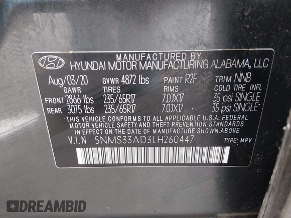 ✅ 2020 Hyundai Santa Fe SEL • VIN: 5NMS33AD3LH260447 • Lot: 44908887. Wystawiony na IAAI z przebiegiem Nie podano. Bezpłatny archiwum sprzedaży aukcyjnych z USA i szczegółowy raport historii pojazdu na DreamBid. Zdjęcie 9.