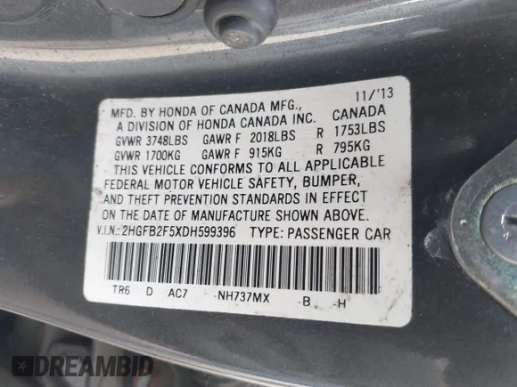✅ 2013 Honda Civic LX • VIN: 2HGFB2F5XDH599396 • Лот: 45300868. Опубліковано раніше на IAAI з пробігом 121 471 миль. Безкоштовний доступ до архіву аукціонних продажів зі США та докладний звіт про історію автомобіля на DreamBid. Зображення 9.