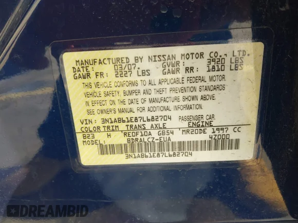 ✅ 2007 Nissan Sentra S • VIN: 3N1AB61E87L682704 • Lot: 44799582. Wystawiony na IAAI z przebiegiem 178 673 mil. Bezpłatny archiwum sprzedaży aukcyjnych z USA i szczegółowy raport historii pojazdu na DreamBid. Zdjęcie 9.