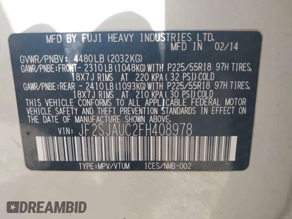 ✅ 2015 Subaru Forester Touring • VIN: JF2SJAUC2FH408978 • Lot: 44484521. Listed on IAAI with 166,929 mi. Free auction sales archive from the USA and detailed vehicle history report at DreamBid. Image 9.