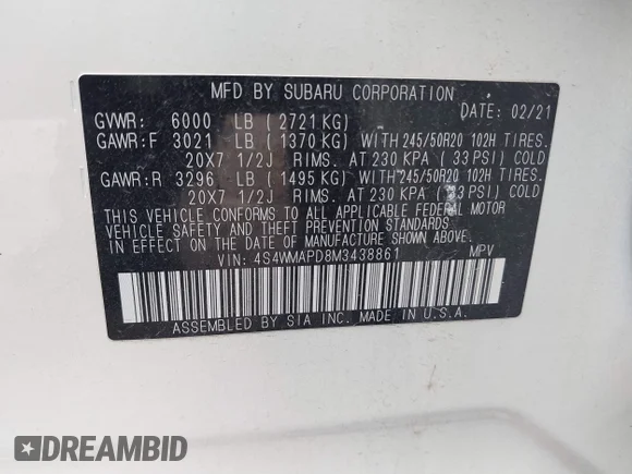 ✅ 2021 Subaru Ascent Limited • VIN: 4S4WMAPD8M3438861 • Лот: 40616007. Опубликован ранее на IAAI с пробегом 55 199 миль. Бесплатный доступ к архиву аукционных продаж из США и подробный отчёт об истории автомобиля на DreamBid. Изображение 9.