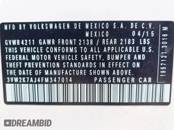 ✅ 2015 Volkswagen Jetta S • VIN: 3VW2K7AJ4FM347014 • Lot: 44922641. Wystawiony na IAAI z przebiegiem 124 468 mil. Bezpłatny archiwum sprzedaży aukcyjnych z USA i szczegółowy raport historii pojazdu na DreamBid. Zdjęcie 9.