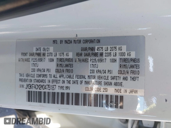 ✅ 2021 Mazda CX-5 Touring • VIN: JM3KFACM2M0475187 • Lot: 45159277. Wystawiony na IAAI z przebiegiem 71 424 mil. Bezpłatny archiwum sprzedaży aukcyjnych z USA i szczegółowy raport historii pojazdu na DreamBid. Zdjęcie 9.
