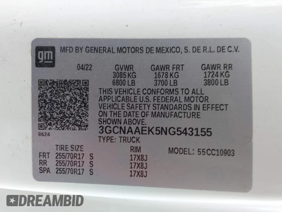 ✅ 2022 Chevrolet Silverado 1500 Work Truck • VIN: 3GCNAAEK5NG543155 • Lot: 43427183. Wystawiony na IAAI z przebiegiem 175 412 mil. Bezpłatny archiwum sprzedaży aukcyjnych z USA i szczegółowy raport historii pojazdu na DreamBid. Zdjęcie 9.
