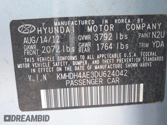 ✅ 2013 Hyundai Elantra GLS • VIN: KMHDH4AE3DU624042 • Lot: 45090147. Wystawiony na IAAI z przebiegiem 85 910 mil. Bezpłatny archiwum sprzedaży aukcyjnych z USA i szczegółowy raport historii pojazdu na DreamBid. Zdjęcie 9.