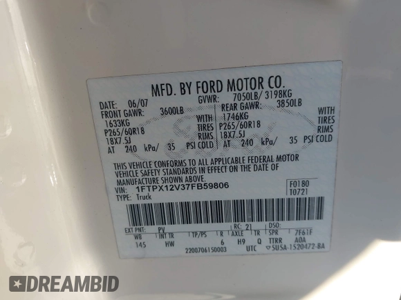 ✅ 2007 Ford F-150 XL • VIN: 1FTPX12V37FB59806 • Lot: 44272814. Wystawiony na IAAI z przebiegiem 180 025 mil. Bezpłatny archiwum sprzedaży aukcyjnych z USA i szczegółowy raport historii pojazdu na DreamBid. Zdjęcie 9.