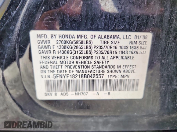 ✅ 2008 Honda Pilot VP • VIN: 5FNYF18218B042557 • Lot: 49027396. Wystawiony na Copart z przebiegiem 238 503 mil. Bezpłatny archiwum sprzedaży aukcyjnych z USA i szczegółowy raport historii pojazdu na DreamBid. Zdjęcie 12.