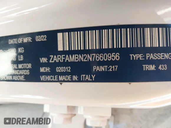 ✅ 2022 Alfa Romeo Giulia Ti • VIN: ZARFAMBN2N7660956 • Лот: 44291621. Опубліковано раніше на IAAI з пробігом 64 747 миль. Безкоштовний доступ до архіву аукціонних продажів зі США та докладний звіт про історію автомобіля на DreamBid. Зображення 9.