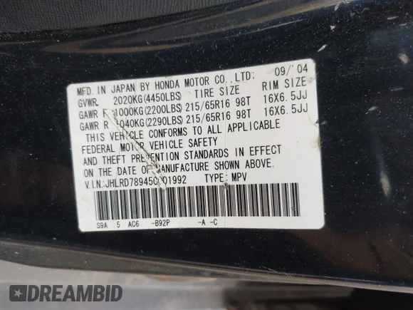✅ 2005 Honda CR-V EX SE • VIN: JHLRD78945C001992 • Lot: 45085626. Wystawiony na IAAI z przebiegiem 199 203 mil. Bezpłatny archiwum sprzedaży aukcyjnych z USA i szczegółowy raport historii pojazdu na DreamBid. Zdjęcie 9.