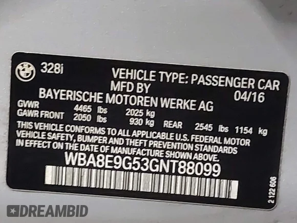 ✅ 2016 BMW 3 Series 328i • VIN: WBA8E9G53GNT88099 • Lot: 44222108. Wystawiony na IAAI z przebiegiem 113 819 mil. Bezpłatny archiwum sprzedaży aukcyjnych z USA i szczegółowy raport historii pojazdu na DreamBid. Zdjęcie 9.