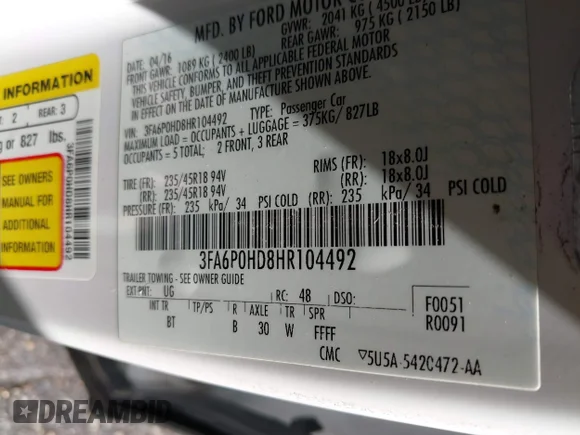 ✅ 2017 Ford Fusion SE • VIN: 3FA6P0HD8HR104492 • Lot: 43245553. Listed on IAAI with 130,619 mi. Free auction sales archive from the USA and detailed vehicle history report at DreamBid. Image 9.