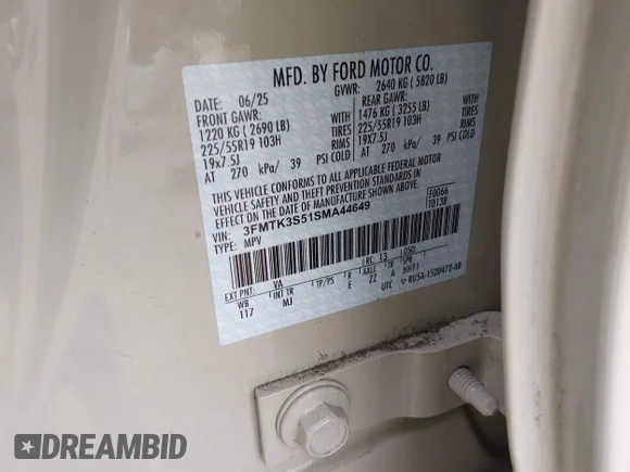 ✅ 2025 Ford Mustang Mach-E Premium • VIN: 3FMTK3S51SMA44649 • Lot: 44966997. Wystawiony na IAAI z przebiegiem 10 534 mil. Bezpłatny archiwum sprzedaży aukcyjnych z USA i szczegółowy raport historii pojazdu na DreamBid. Zdjęcie 9.