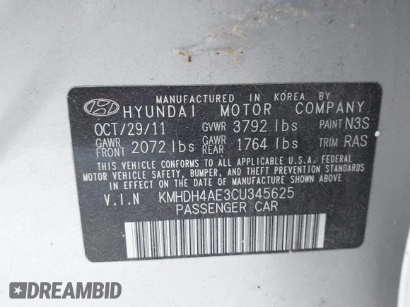 ✅ 2012 Hyundai Elantra Limited • VIN: KMHDH4AE3CU345625 • Lot: 43939287. Listed on IAAI with 217,964 mi. Free auction sales archive from the USA and detailed vehicle history report at DreamBid. Image 9.