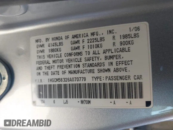 ✅ 2006 Honda Accord LX SE • VIN: 1HGCM56326A070779 • Lot: 45187002. Wystawiony na IAAI z przebiegiem 185 989 mil. Bezpłatny archiwum sprzedaży aukcyjnych z USA i szczegółowy raport historii pojazdu na DreamBid. Zdjęcie 9.