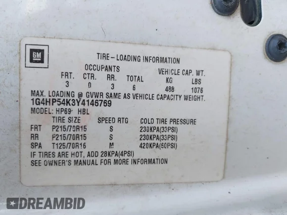 ✅ 2000 Buick LeSabre Custom • VIN: 1G4HP54K3Y4146769 • Lot: 45152339. Listed on IAAI with 181,084 mi. Free auction sales archive from the USA and detailed vehicle history report at DreamBid. Image 9.