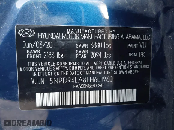 ✅ 2020 Hyundai Elantra Eco • VIN: 5NPD94LA8LH601960 • Lot: 43354960. Wystawiony na IAAI z przebiegiem 71 463 mil. Bezpłatny archiwum sprzedaży aukcyjnych z USA i szczegółowy raport historii pojazdu na DreamBid. Zdjęcie 9.
