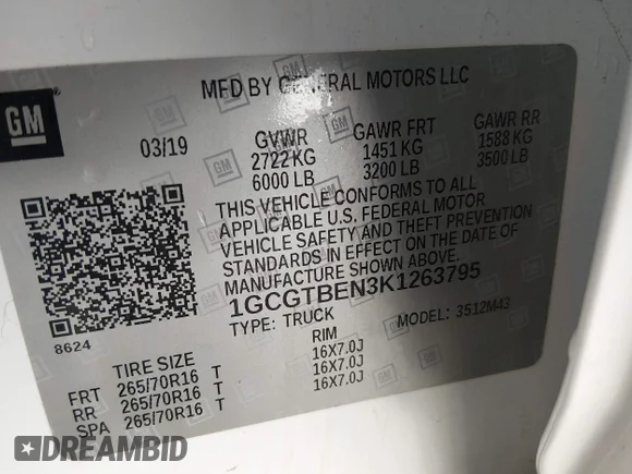 ✅ 2019 Chevrolet Colorado 4WD Work Truck • VIN: 1GCGTBEN3K1263795 • Lot: 45026479. Wystawiony na IAAI z przebiegiem 68 529 mil. Bezpłatny archiwum sprzedaży aukcyjnych z USA i szczegółowy raport historii pojazdu na DreamBid. Zdjęcie 9.