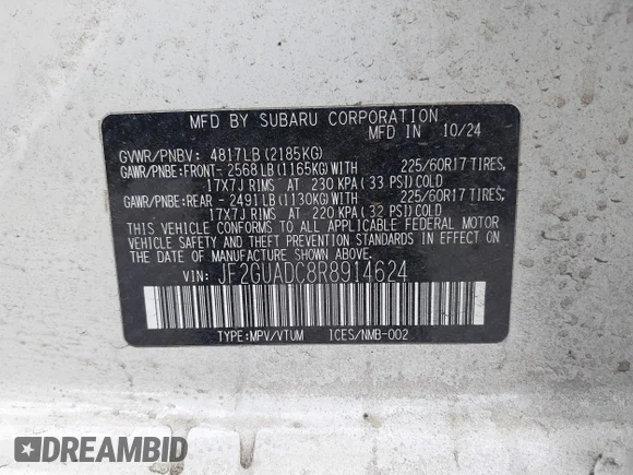 ✅ 2024 Subaru Crosstrek Premium • VIN: JF2GUADC8R8914624 • Lot: 45412772. Wystawiony na IAAI z przebiegiem 57 555 mil. Bezpłatny archiwum sprzedaży aukcyjnych z USA i szczegółowy raport historii pojazdu na DreamBid. Zdjęcie 9.